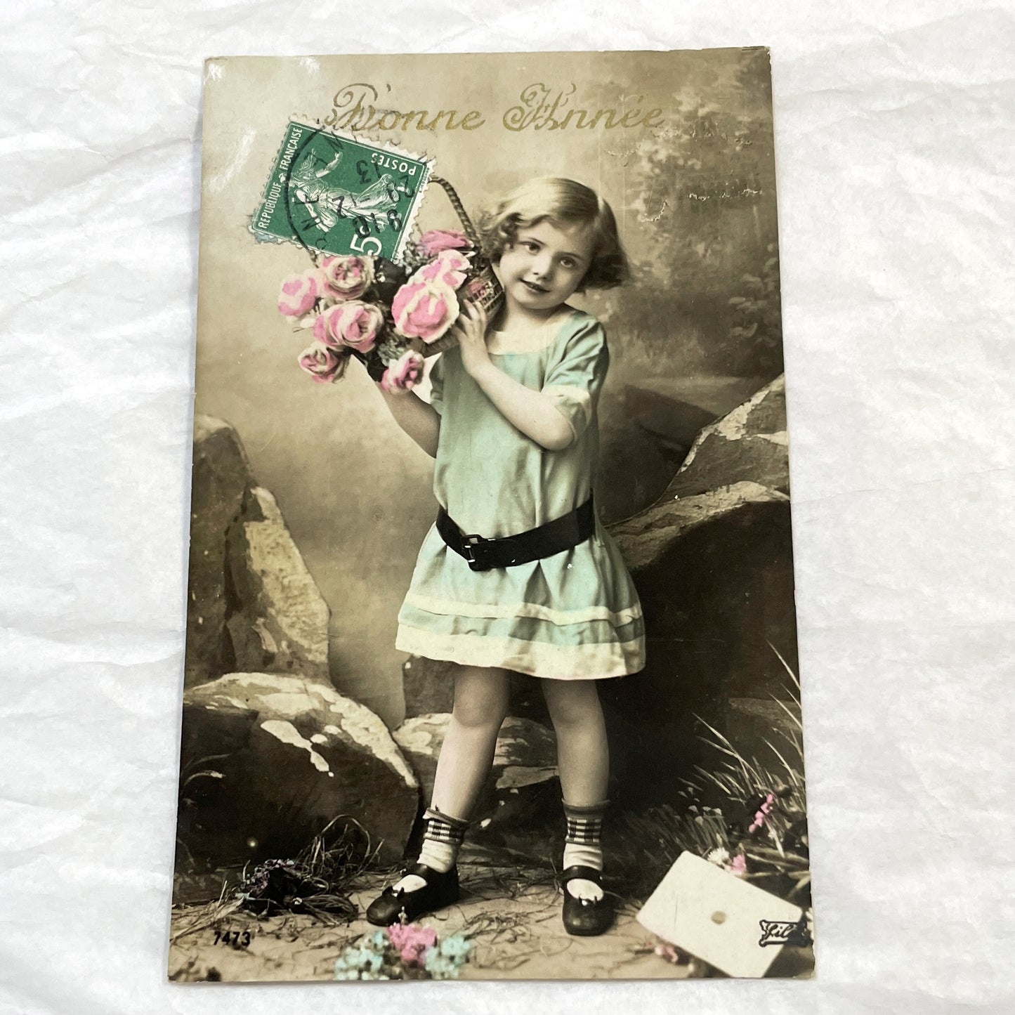 1910s - French Postcard - Young Girl with Flowers - Happy New Year Greeting - Antique Collectible Ephemera - Hand-Colored Photo