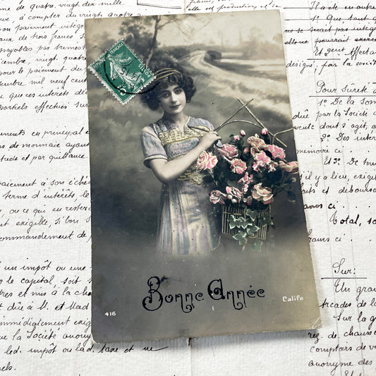 1900s - Vintage French New Year Postcard - Hand-Colored Photo - Elegant Lady Roses - Glitter Accents - Collectible Holiday Ephemera