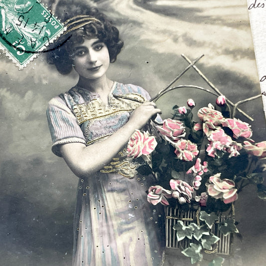 1900s - Vintage French New Year Postcard - Hand-Colored Photo - Elegant Lady Roses - Glitter Accents - Collectible Holiday Ephemera
