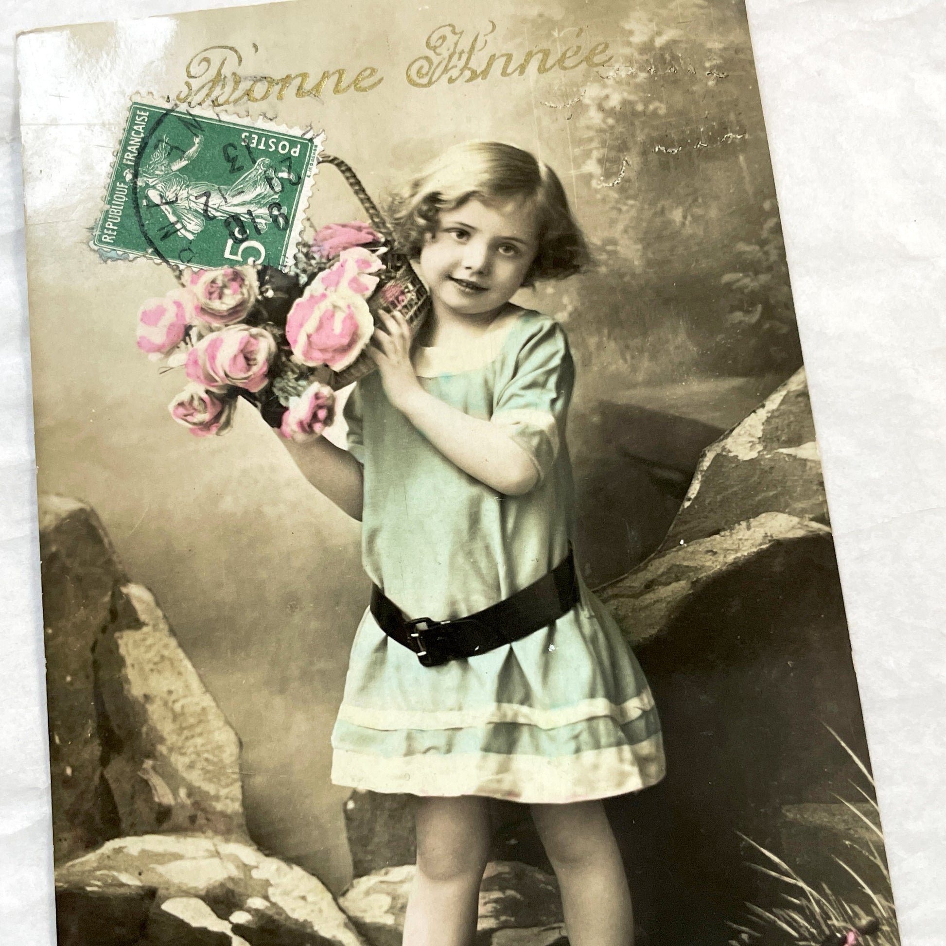 1910s - French Postcard - Young Girl with Flowers - Happy New Year Greeting - Antique Collectible Ephemera - Hand-Colored Photo