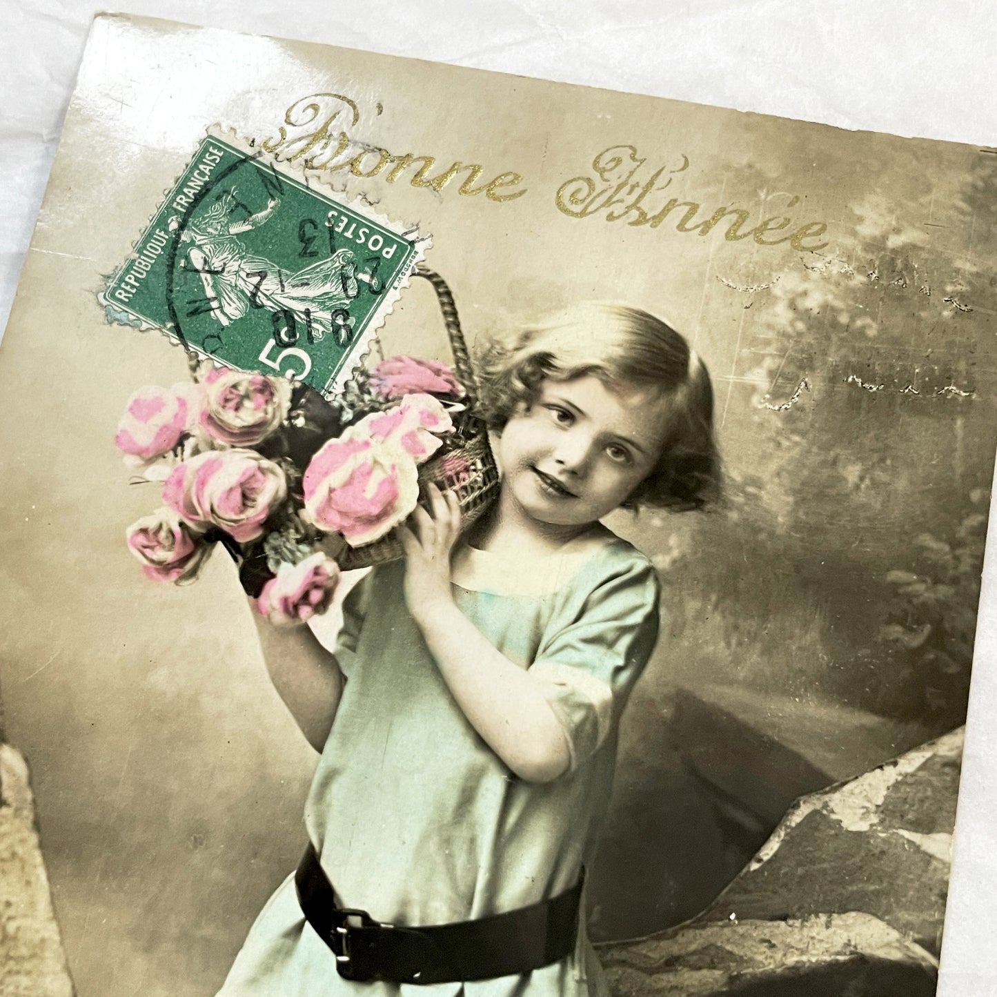 1910s - French Postcard - Young Girl with Flowers - Happy New Year Greeting - Antique Collectible Ephemera - Hand-Colored Photo