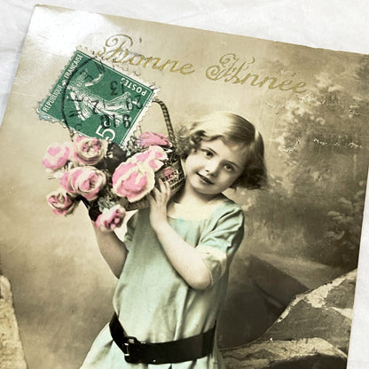 1910s - French Postcard - Young Girl with Flowers - Happy New Year Greeting - Antique Collectible Ephemera - Hand-Colored Photo