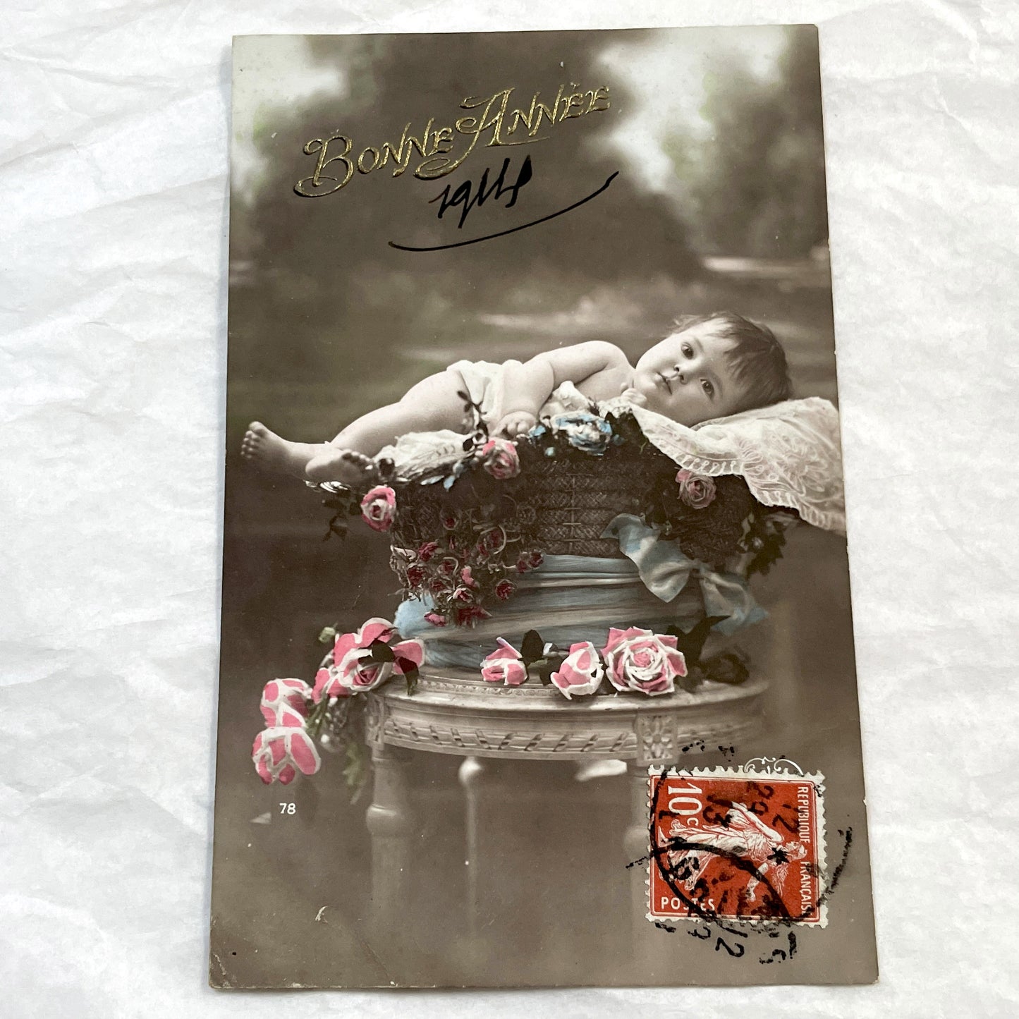 1910s - Vintage French New Year Postcard - Adorable Baby in Flower Basket - Antique Child Portrait - Collectible Ephemera