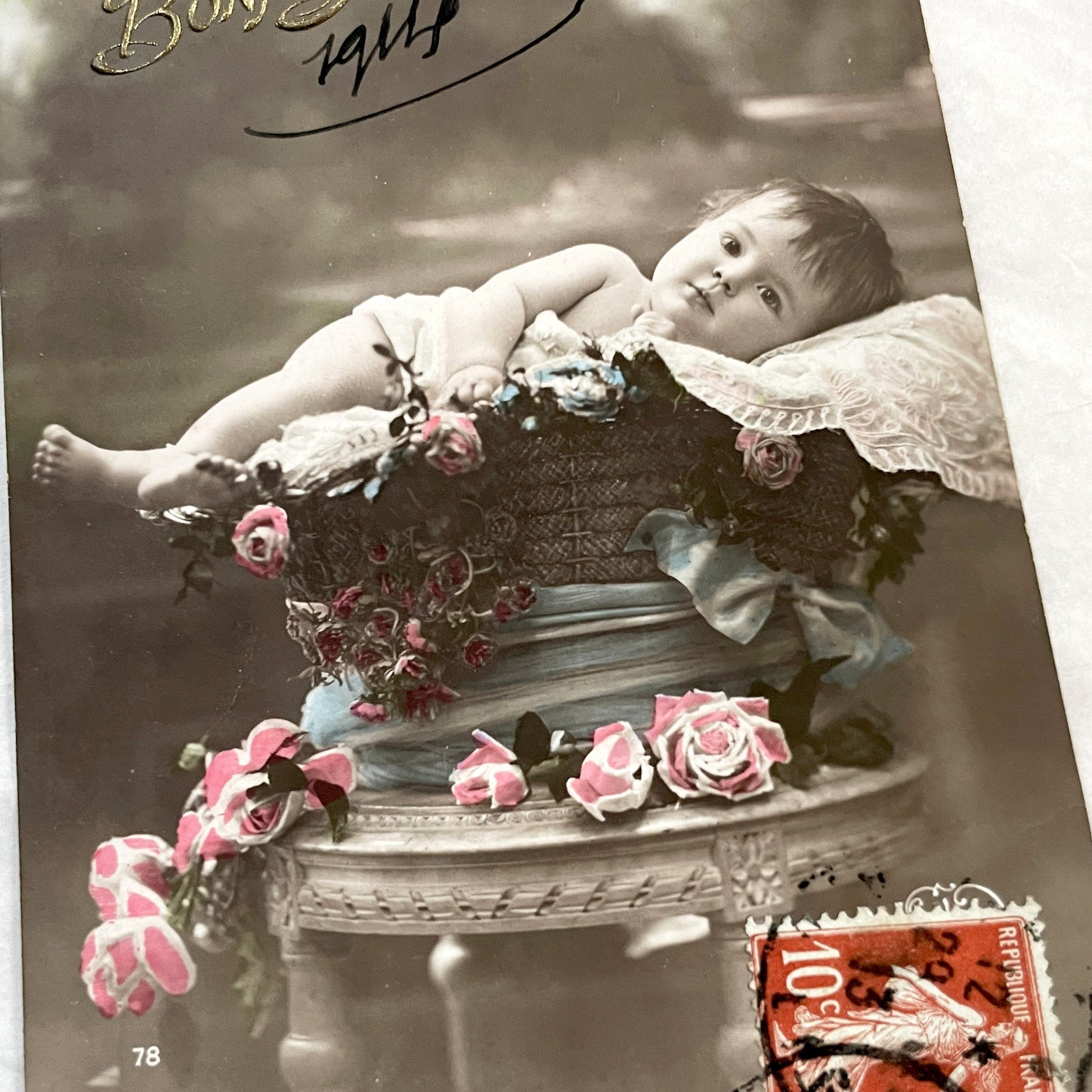 1910s - Vintage French New Year Postcard - Adorable Baby in Flower Basket - Antique Child Portrait - Collectible Ephemera