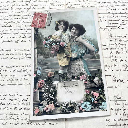 1910s - Antique French Postcard - Hand-Colored Mother And Child Portrait - Celebration - Aujourd'hui Saint - Vintage Collectible Card