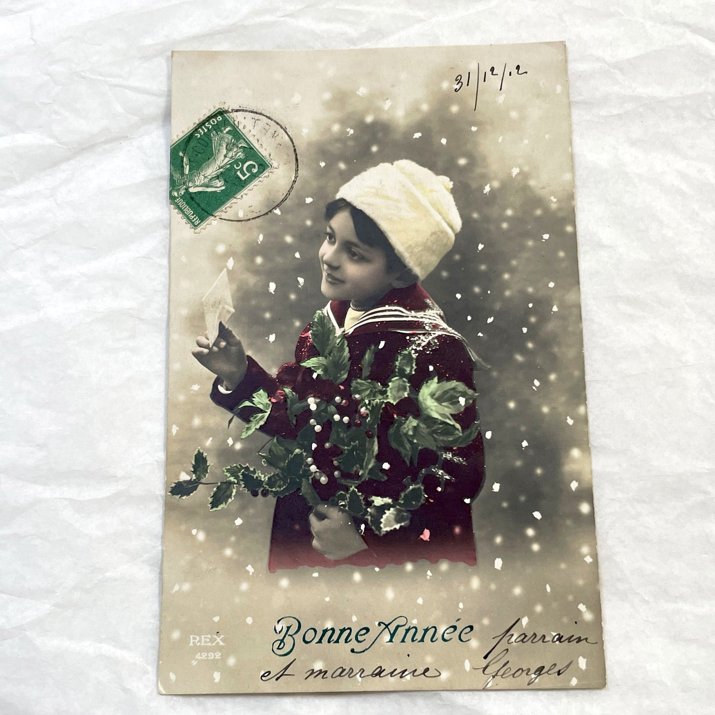 1910s - Charming Vintage French Postcard - Child with Holly - New Year's Greeting - Hand-Tinted Winter Scene - Rex Publisher