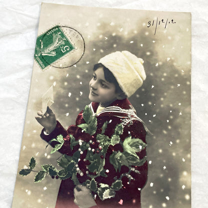 1910s - Charming Vintage French Postcard - Child with Holly - New Year's Greeting - Hand-Tinted Winter Scene - Rex Publisher