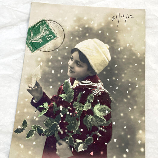 1910s - Charming Vintage French Postcard - Child with Holly - New Year's Greeting - Hand-Tinted Winter Scene - Rex Publisher