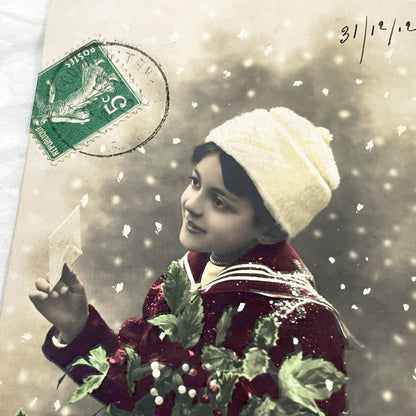 1910s - Charming Vintage French Postcard - Child with Holly - New Year's Greeting - Hand-Tinted Winter Scene - Rex Publisher