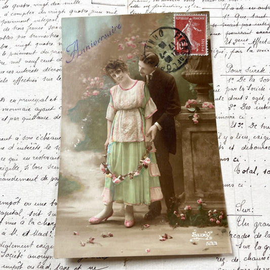 1910s - Vintage French Anniversaire Postcard - Romantic Couple - Colored Art Nouveau Era Greeting Card - Early 20th Century Parisian Charm