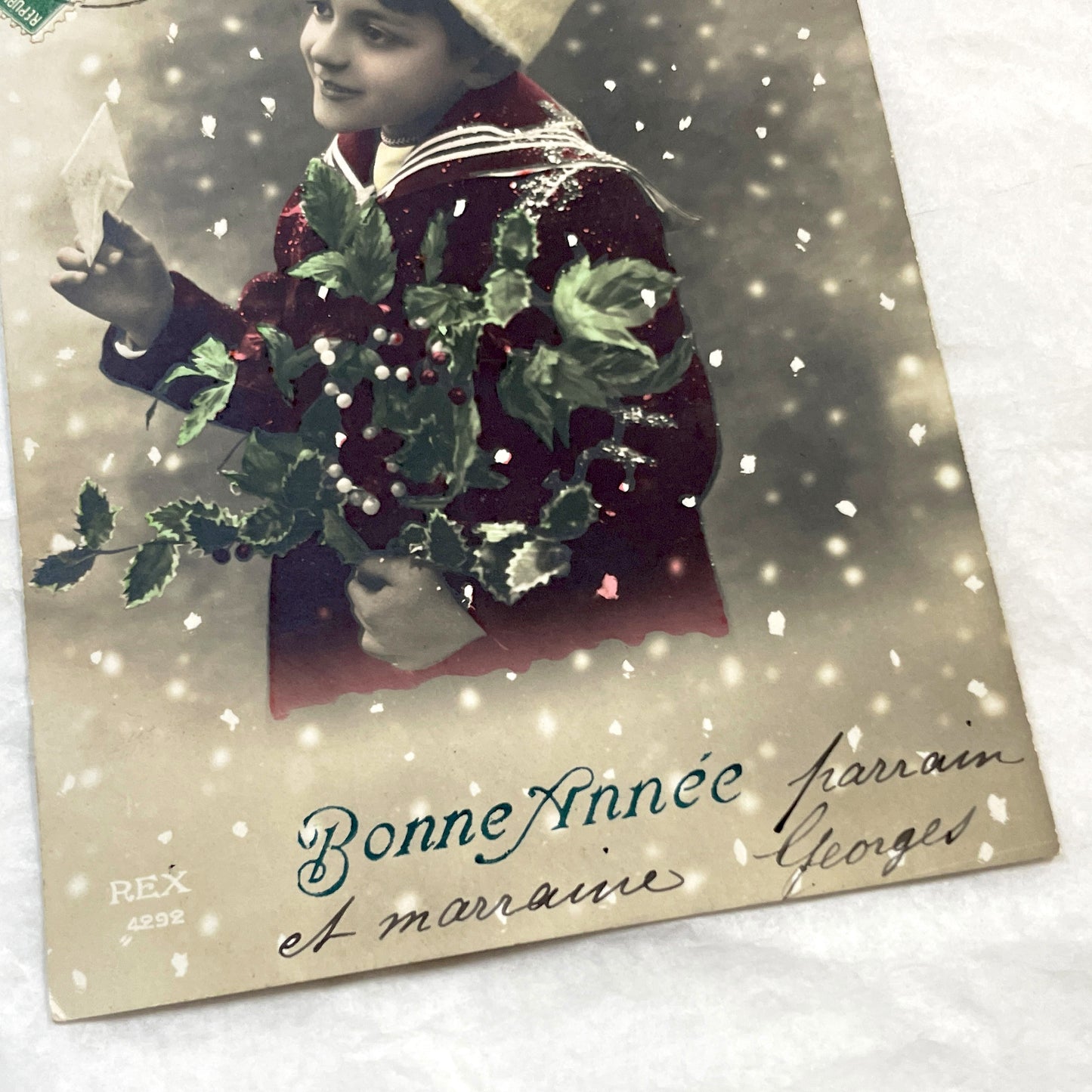 1910s - Charming Vintage French Postcard - Child with Holly - New Year's Greeting - Hand-Tinted Winter Scene - Rex Publisher