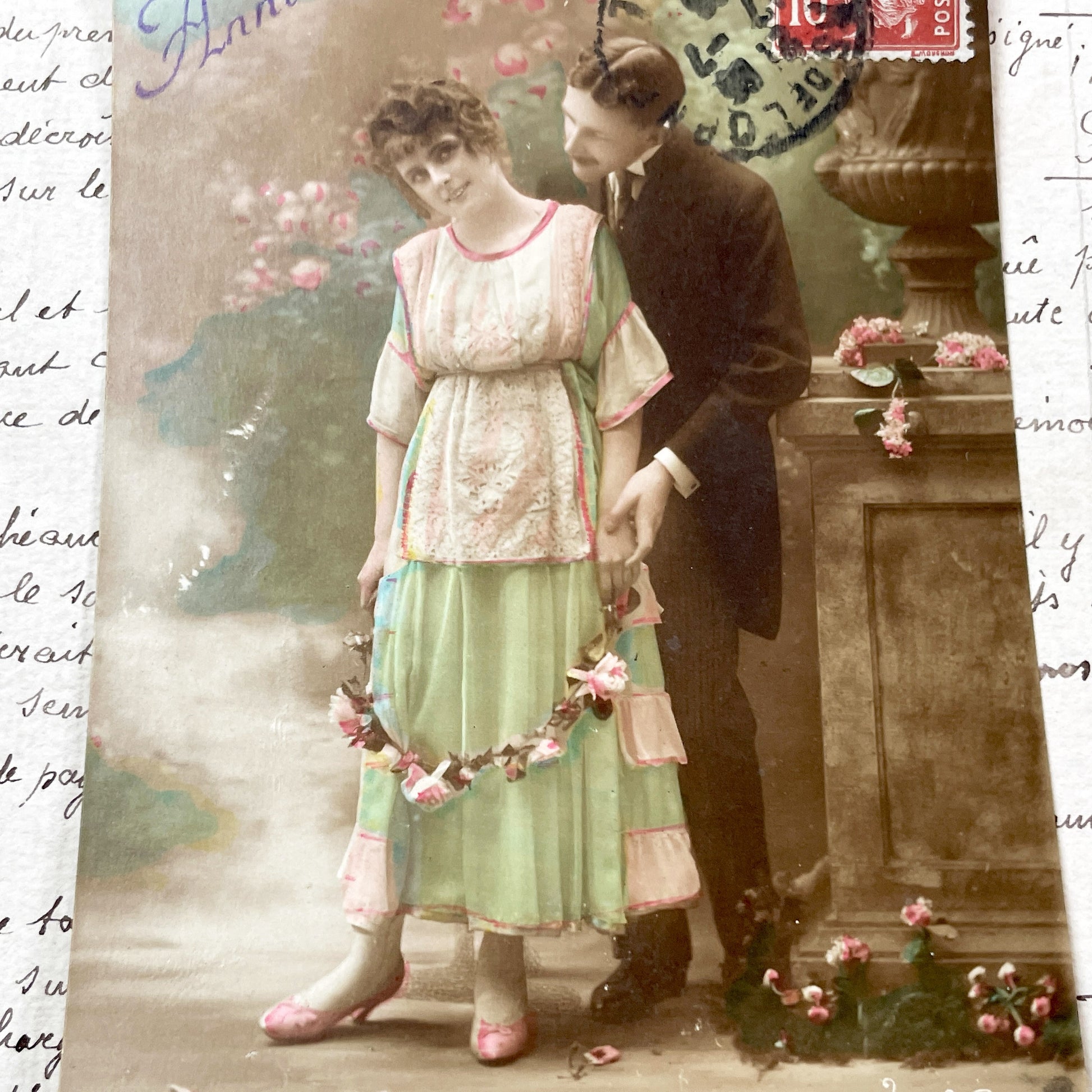 1910s - Vintage French Anniversaire Postcard - Romantic Couple - Colored Art Nouveau Era Greeting Card - Early 20th Century Parisian Charm