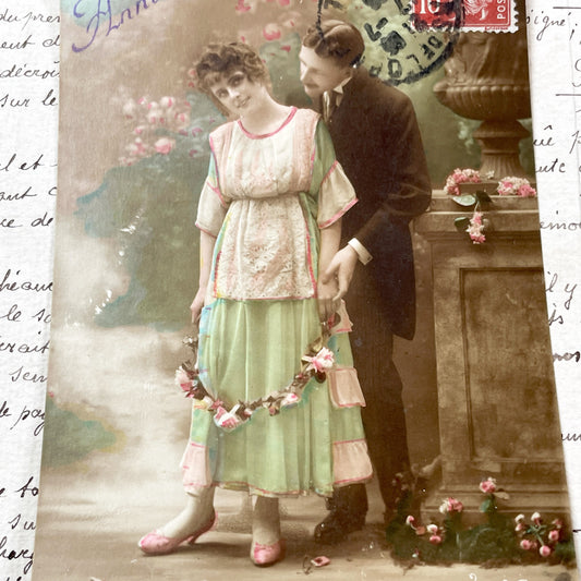 1910s - Vintage French Anniversaire Postcard - Romantic Couple - Colored Art Nouveau Era Greeting Card - Early 20th Century Parisian Charm