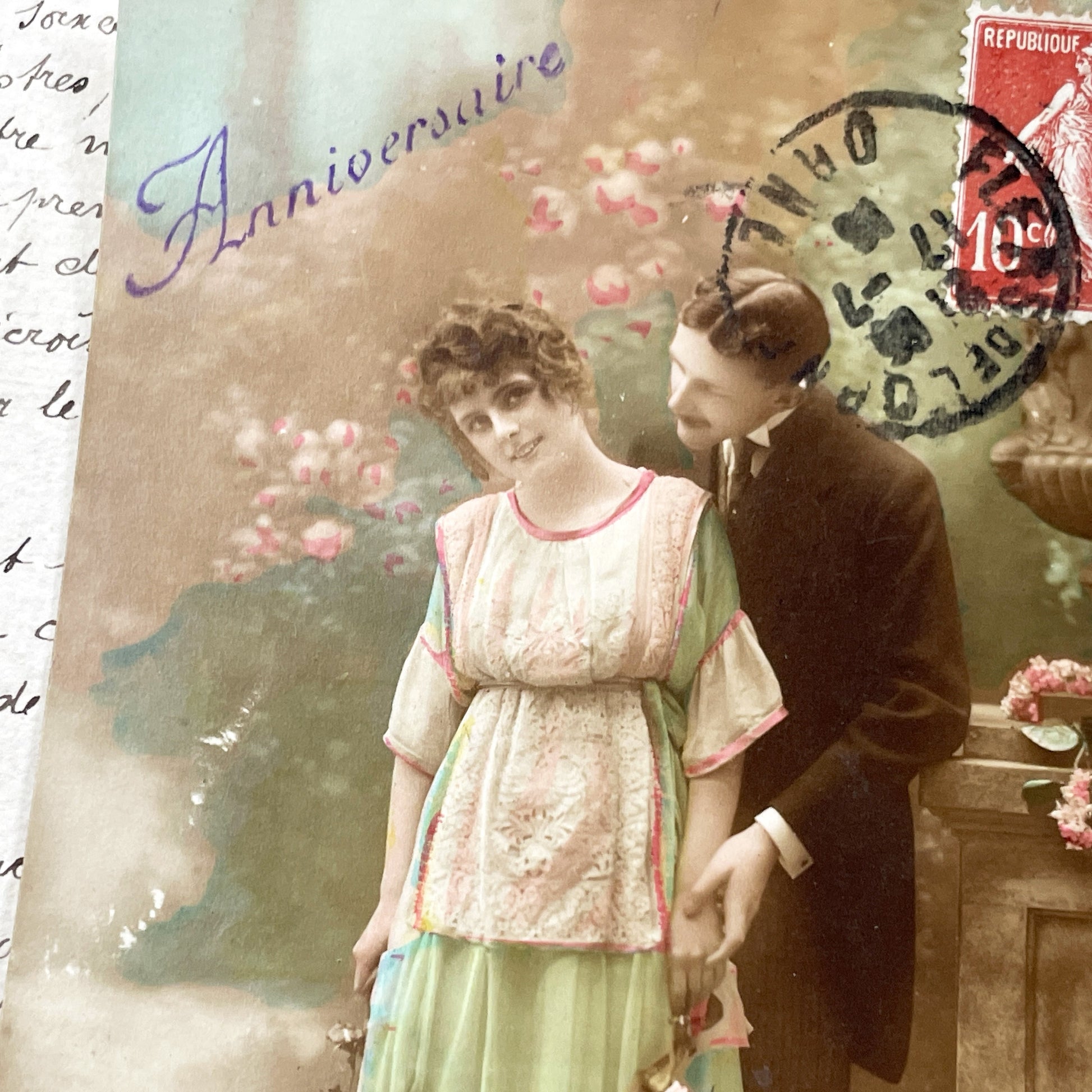1910s - Vintage French Anniversaire Postcard - Romantic Couple - Colored Art Nouveau Era Greeting Card - Early 20th Century Parisian Charm