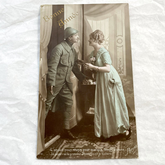 1910s - Vintage French Postcard - WWI Soldier and Woman - Romantic New Year Greeting - Antique Hand-Tinted Art - Collectible Ephemera
