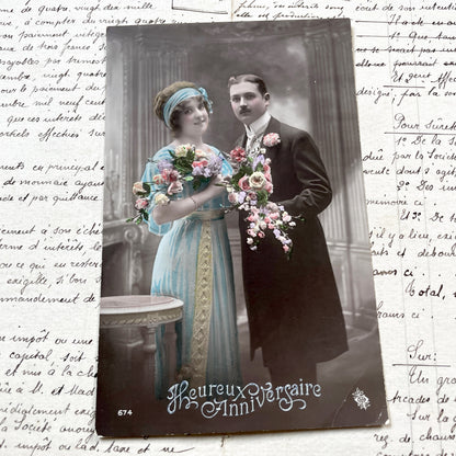 1910s - Vintage French Anniversary Postcard - Hand Tinted Edwardian Couple Portrait with Flowers - Romantic Greeting Card