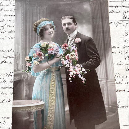 1910s - Vintage French Anniversary Postcard - Hand Tinted Edwardian Couple Portrait with Flowers - Romantic Greeting Card
