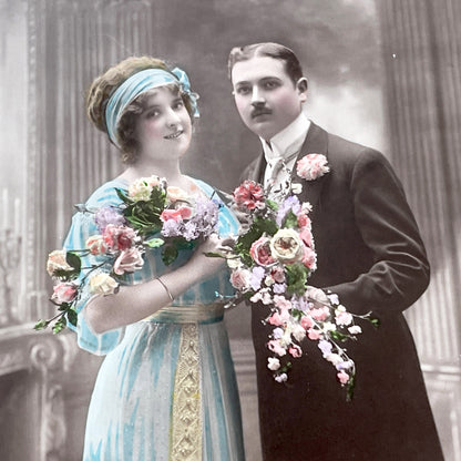 1910s - Vintage French Anniversary Postcard - Hand Tinted Edwardian Couple Portrait with Flowers - Romantic Greeting Card