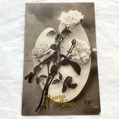 1900s - Vintage French Happy New Year Postcard - Sepia Tone Roses Art - F.F. Paris Publisher - Elegant Floral Greeting Card Collectible