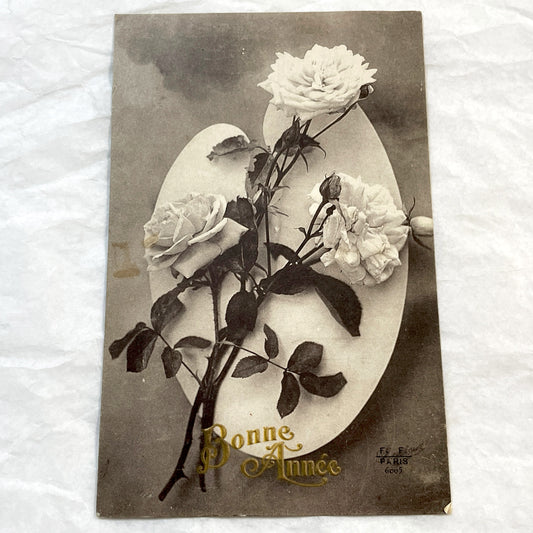 1900s - Vintage French Happy New Year Postcard - Sepia Tone Roses Art - F.F. Paris Publisher - Elegant Floral Greeting Card Collectible