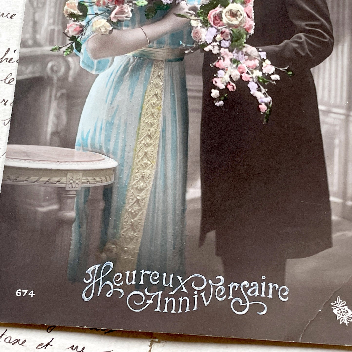 1910s - Vintage French Anniversary Postcard - Hand Tinted Edwardian Couple Portrait with Flowers - Romantic Greeting Card