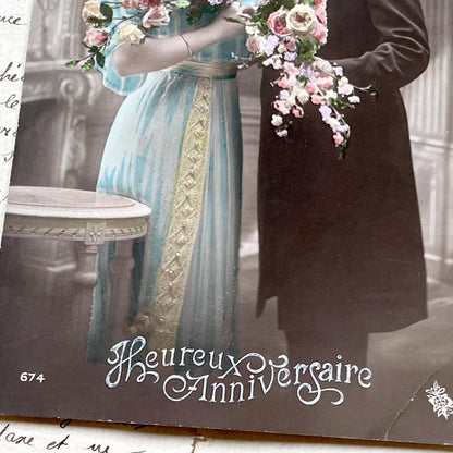 1910s - Vintage French Anniversary Postcard - Hand Tinted Edwardian Couple Portrait with Flowers - Romantic Greeting Card