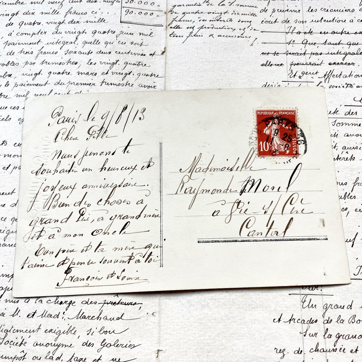 1910s - Vintage French Anniversary Postcard - Hand Tinted Edwardian Couple Portrait with Flowers - Romantic Greeting Card