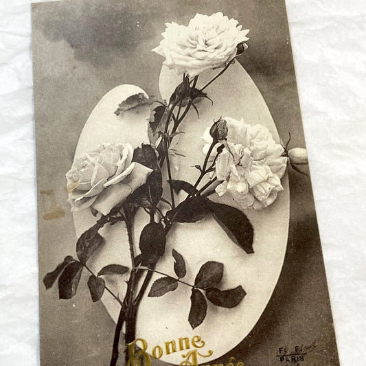 1900s - Vintage French Happy New Year Postcard - Sepia Tone Roses Art - F.F. Paris Publisher - Elegant Floral Greeting Card Collectible