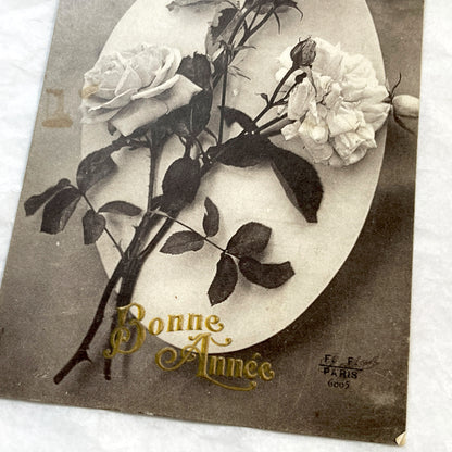 1900s - Vintage French Happy New Year Postcard - Sepia Tone Roses Art - F.F. Paris Publisher - Elegant Floral Greeting Card Collectible