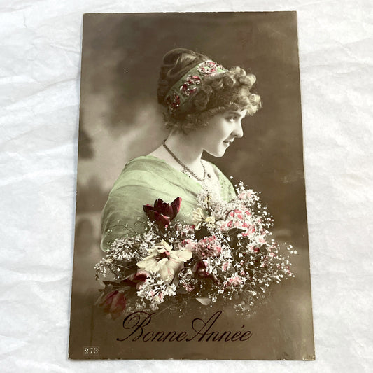 1910s - Vintage French Postcard - Elegant Woman - Hand-Colored Portrait - Floral Headpiece - New Year's Greeting - Antique Ephemera