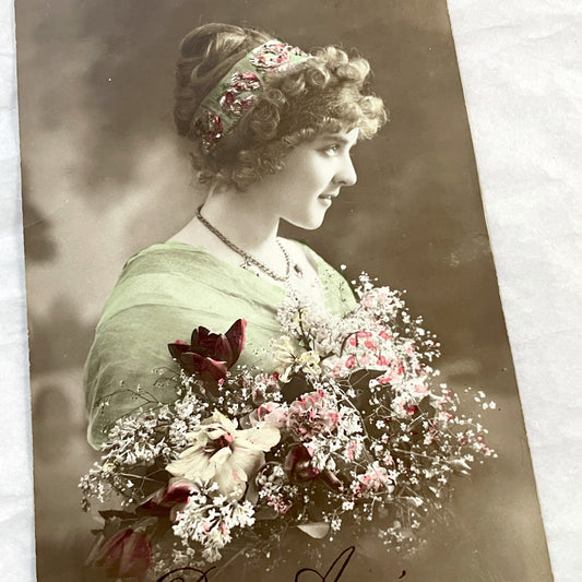 1910s - Vintage French Postcard - Elegant Woman - Hand-Colored Portrait - Floral Headpiece - New Year's Greeting - Antique Ephemera