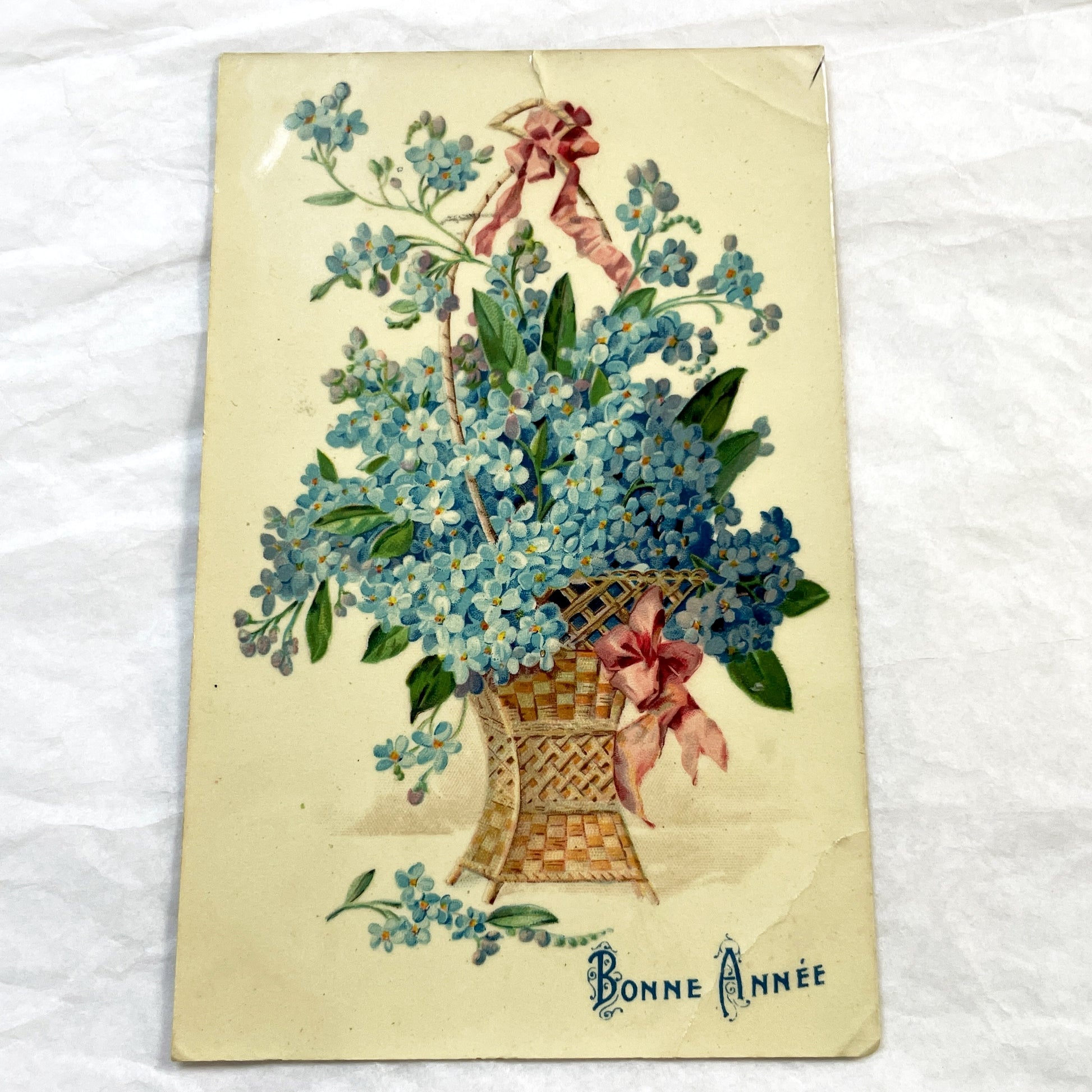 1900s - Vintage French Postcard - Basket of Forget-Me-Nots - Happy New Year Greeting - Floral Illustration - Collectible Ephemera