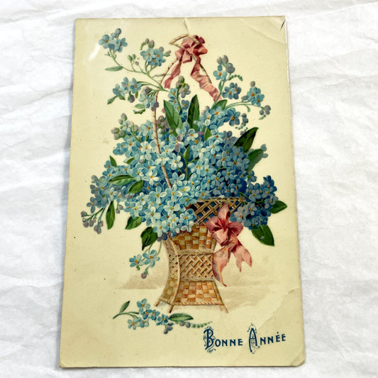 1900s - Vintage French Postcard - Basket of Forget-Me-Nots - Happy New Year Greeting - Floral Illustration - Collectible Ephemera