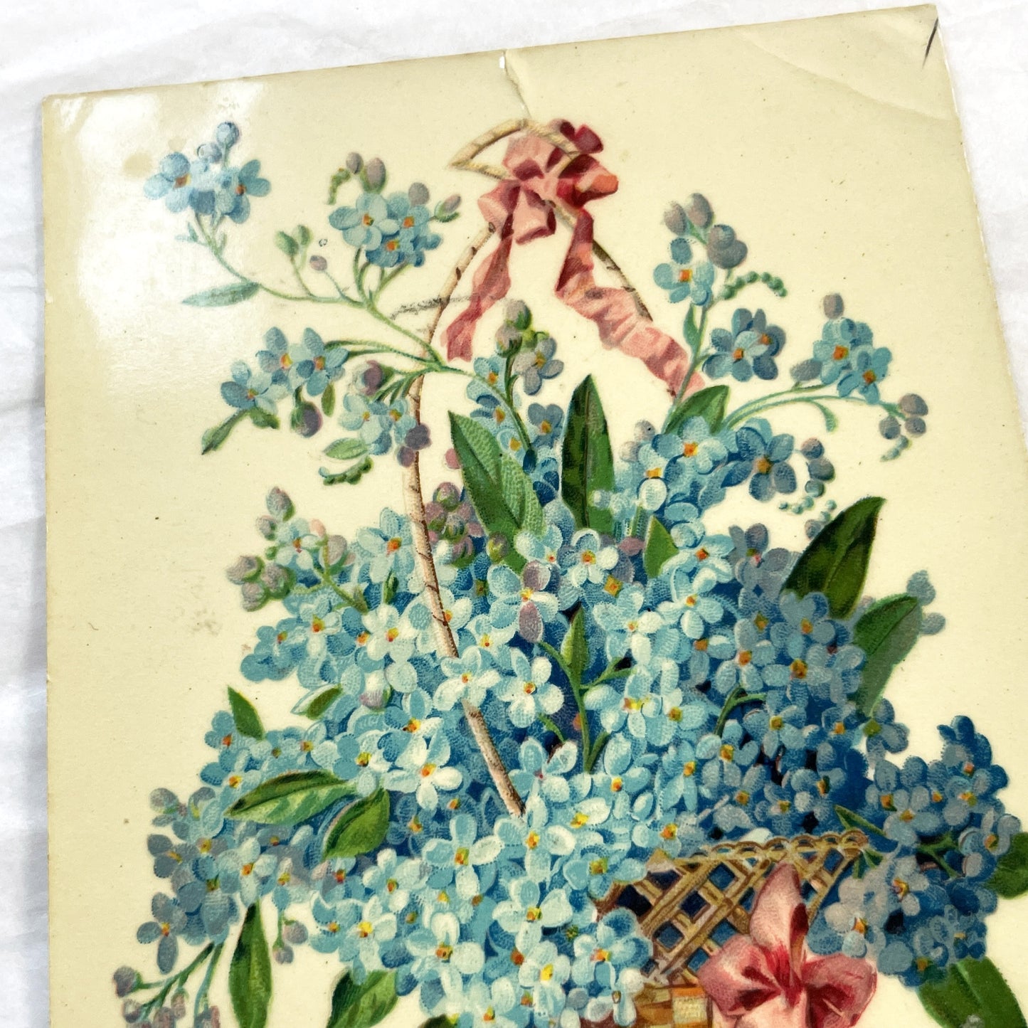1900s - Vintage French Postcard - Basket of Forget-Me-Nots - Happy New Year Greeting - Floral Illustration - Collectible Ephemera