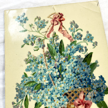 1900s - Vintage French Postcard - Basket of Forget-Me-Nots - Happy New Year Greeting - Floral Illustration - Collectible Ephemera