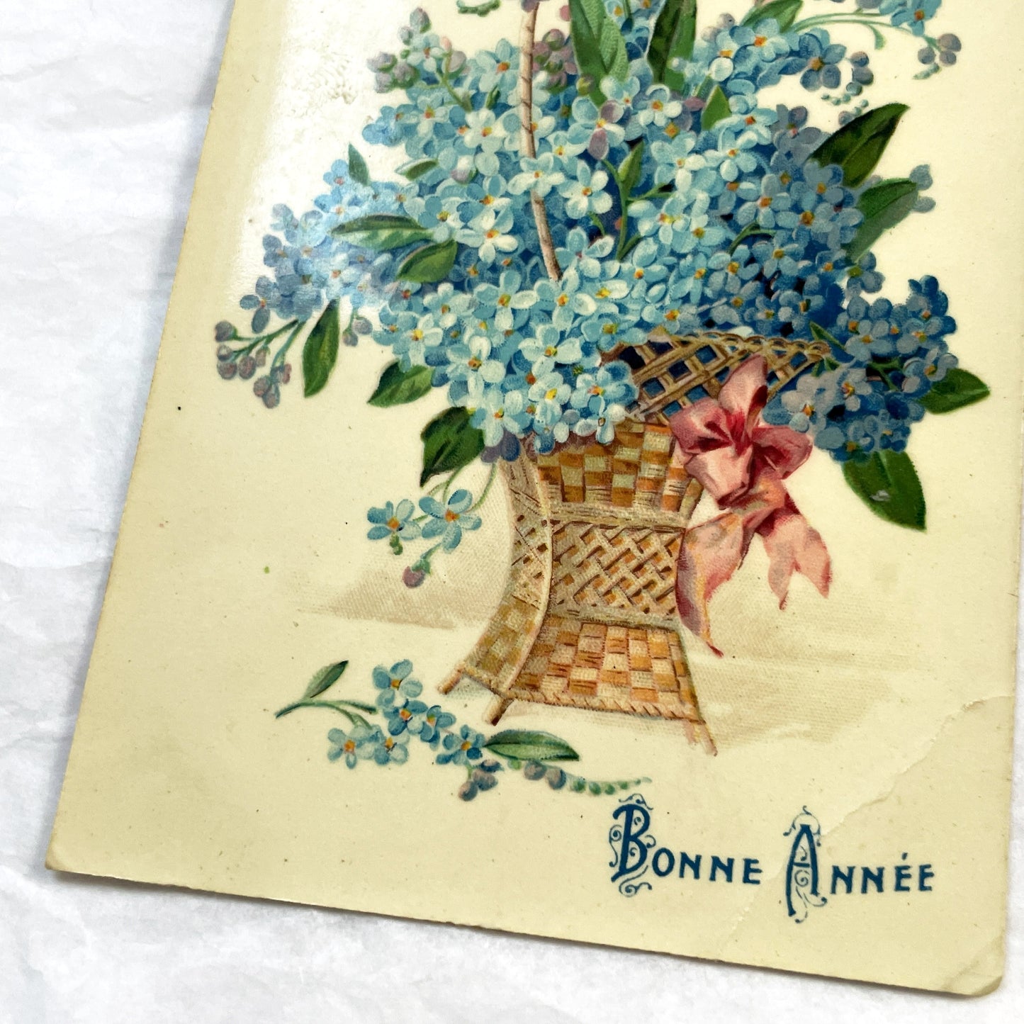 1900s - Vintage French Postcard - Basket of Forget-Me-Nots - Happy New Year Greeting - Floral Illustration - Collectible Ephemera