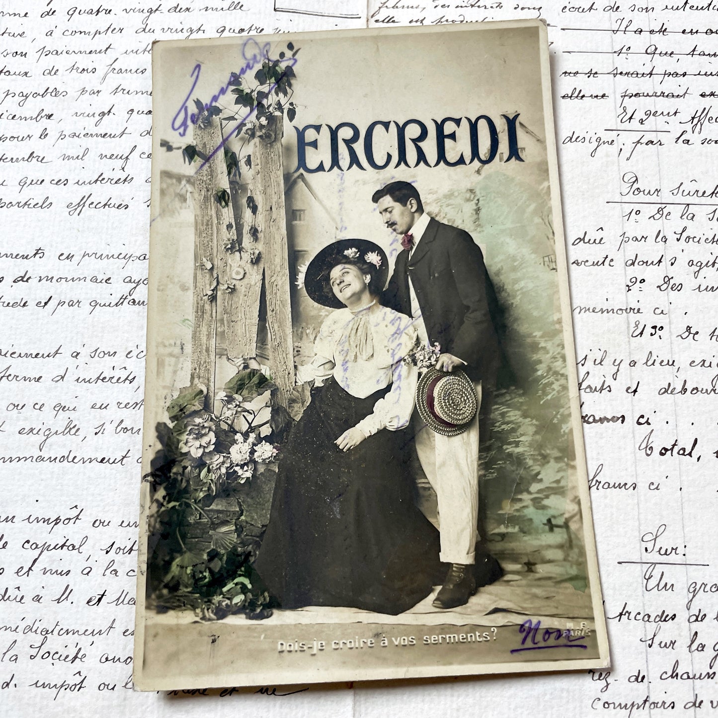 1900s - Vintage French Postcard - Romantic Couple - Edwardian Fashion - Hand Colored - Antique Snapshot - Mercredi Theme - Historic Romance