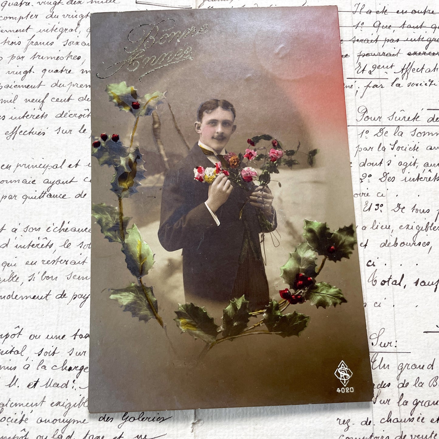 1900s - French New Year Postcard - Dapper Gentleman Portrait - Holiday Greeting - Studio Photography Ephemera