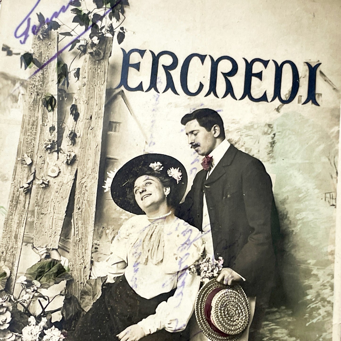1900s - Vintage French Postcard - Romantic Couple - Edwardian Fashion - Hand Colored - Antique Snapshot - Mercredi Theme - Historic Romance