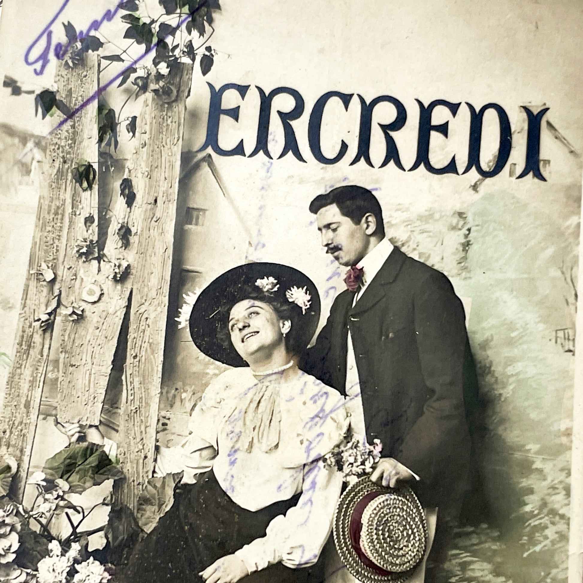 1900s - Vintage French Postcard - Romantic Couple - Edwardian Fashion - Hand Colored - Antique Snapshot - Mercredi Theme - Historic Romance