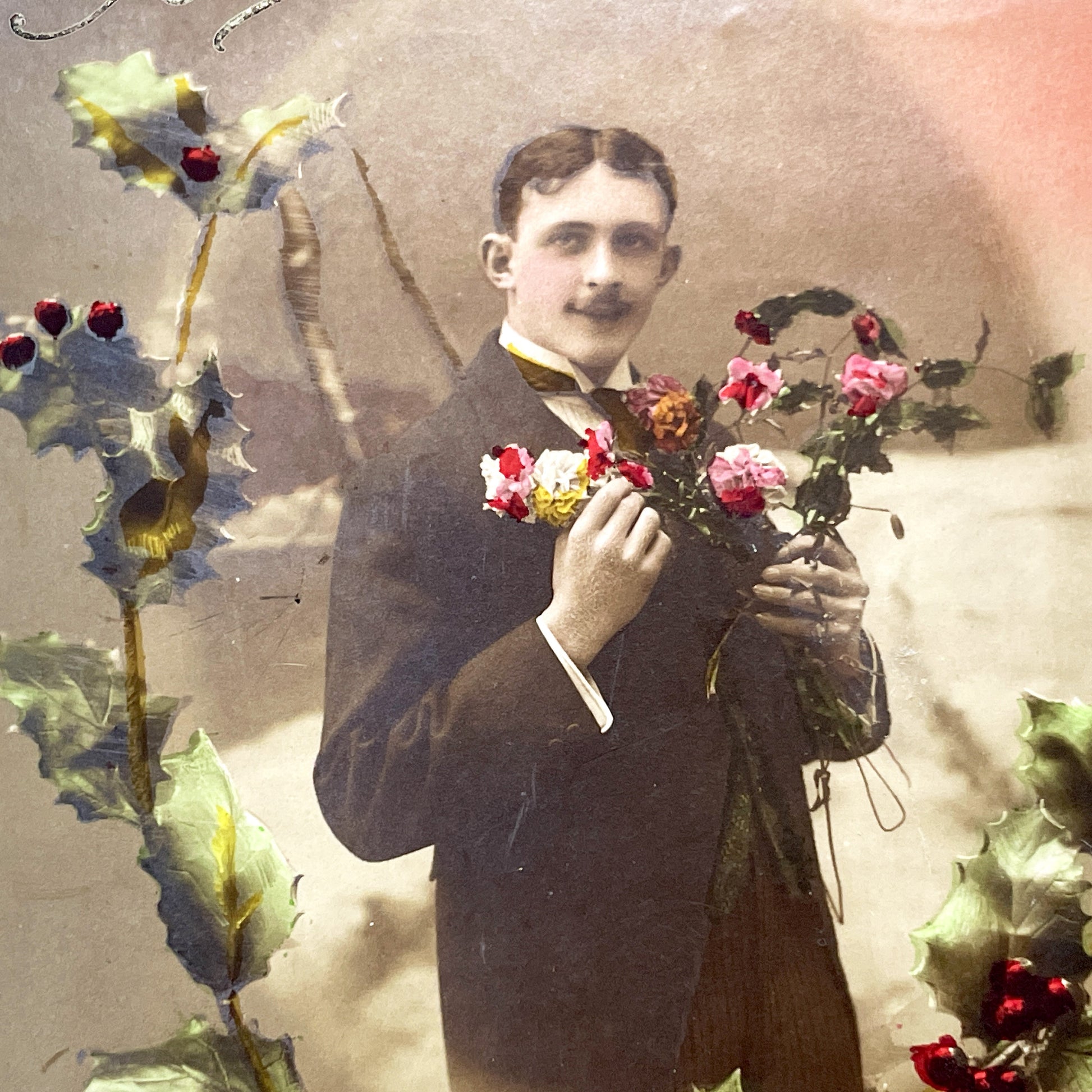 1900s - French New Year Postcard - Dapper Gentleman Portrait - Holiday Greeting - Studio Photography Ephemera