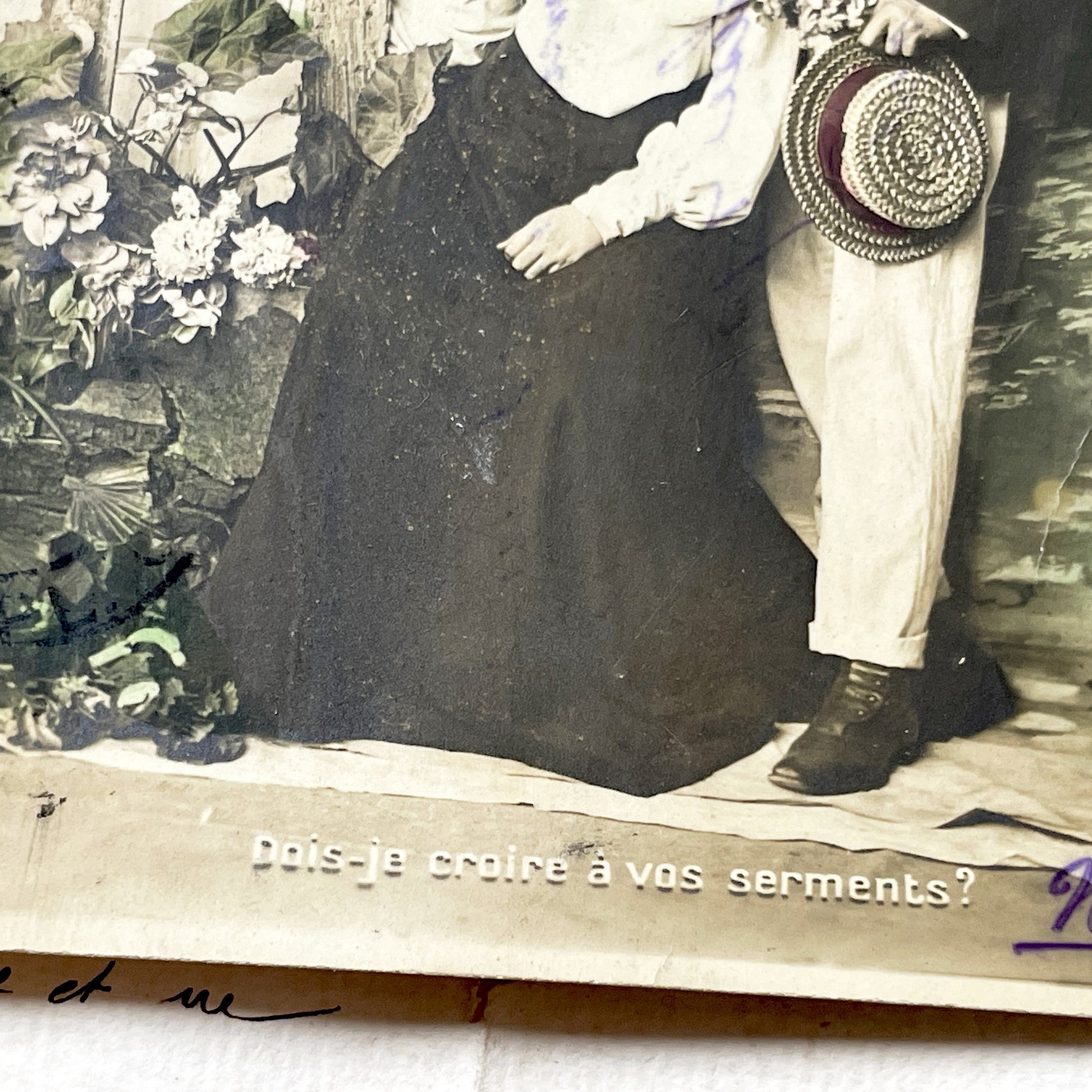 1900s - Vintage French Postcard - Romantic Couple - Edwardian Fashion - Hand Colored - Antique Snapshot - Mercredi Theme - Historic Romance