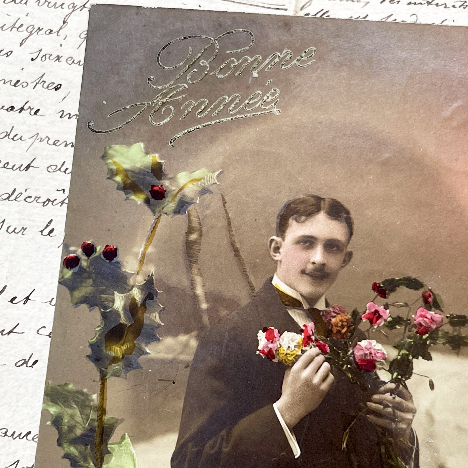 1900s - French New Year Postcard - Dapper Gentleman Portrait - Holiday Greeting - Studio Photography Ephemera