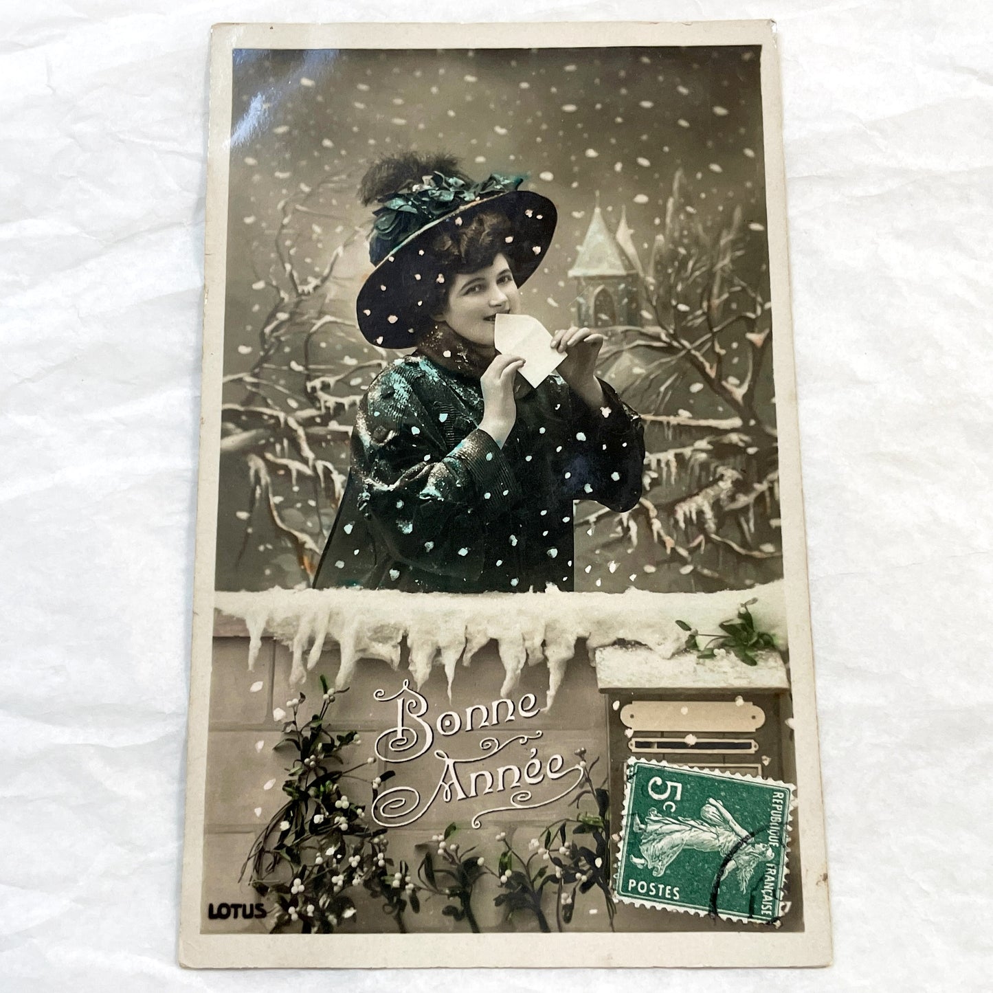1900s - Vintage French New Year Postcard - Elegant Woman Holding Letter - Snowy Scene - Ephemera Collectible - Art Nouveau Aesthetics