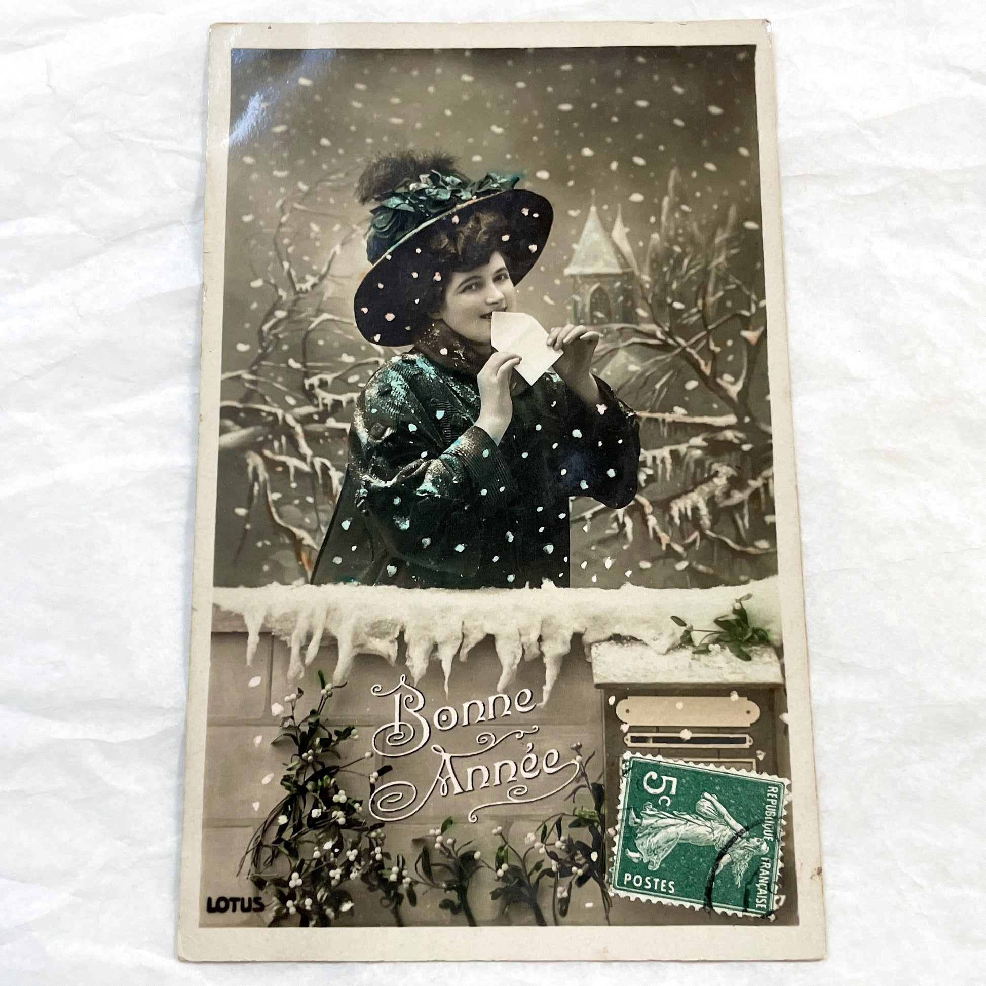 1900s - Vintage French New Year Postcard - Elegant Woman Holding Letter - Snowy Scene - Ephemera Collectible - Art Nouveau Aesthetics