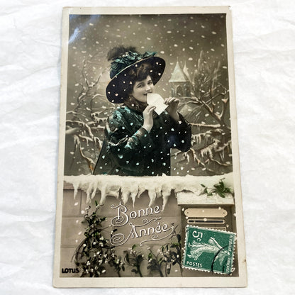 1900s - Vintage French New Year Postcard - Elegant Woman Holding Letter - Snowy Scene - Ephemera Collectible - Art Nouveau Aesthetics