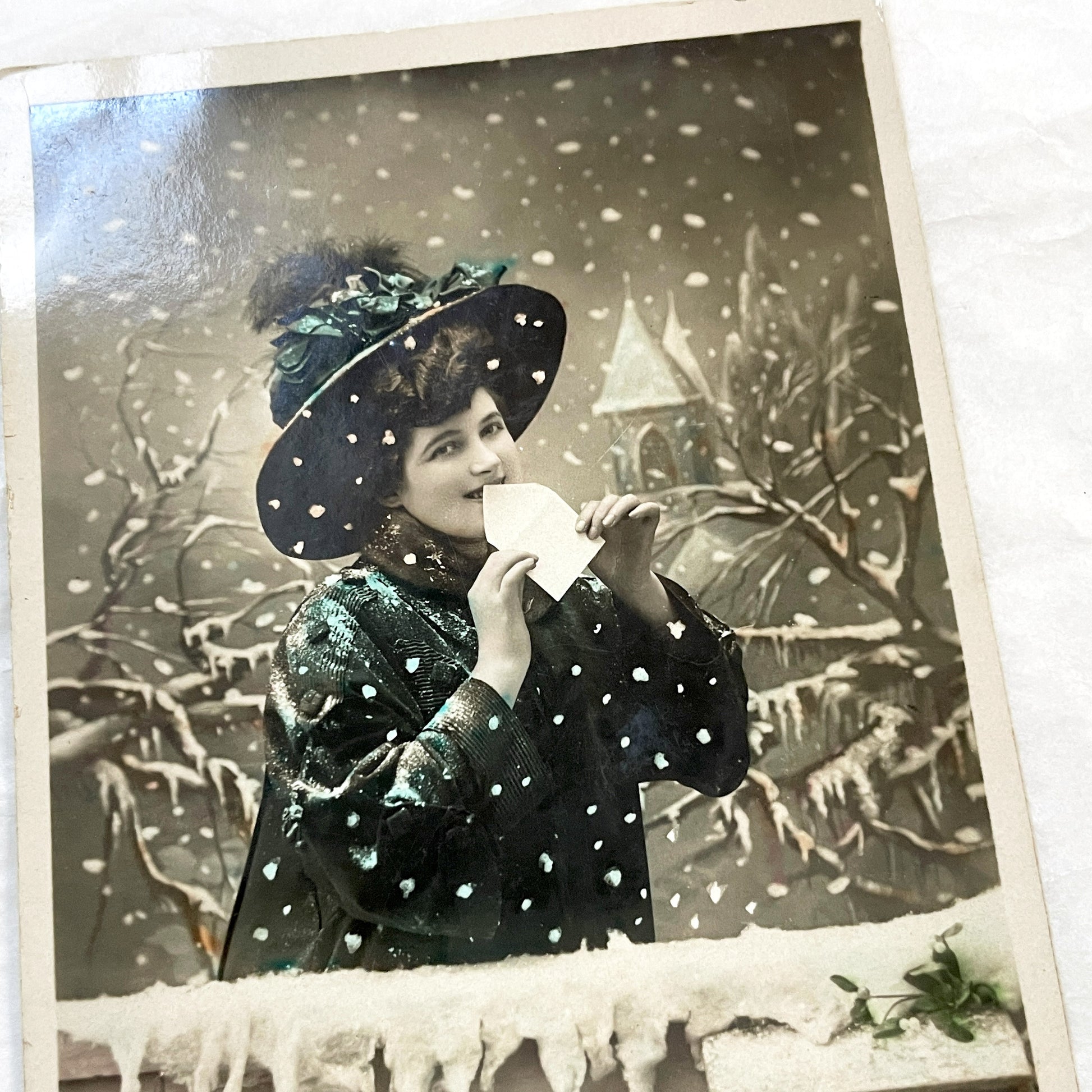 1900s - Vintage French New Year Postcard - Elegant Woman Holding Letter - Snowy Scene - Ephemera Collectible - Art Nouveau Aesthetics