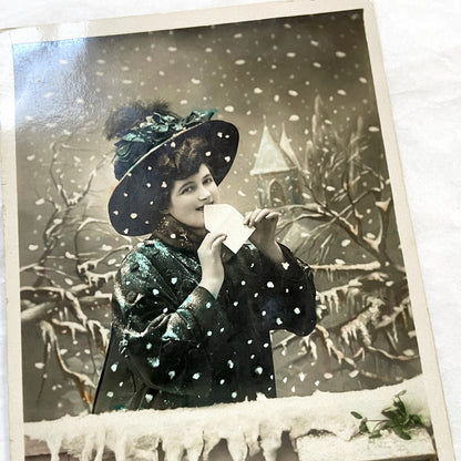 1900s - Vintage French New Year Postcard - Elegant Woman Holding Letter - Snowy Scene - Ephemera Collectible - Art Nouveau Aesthetics