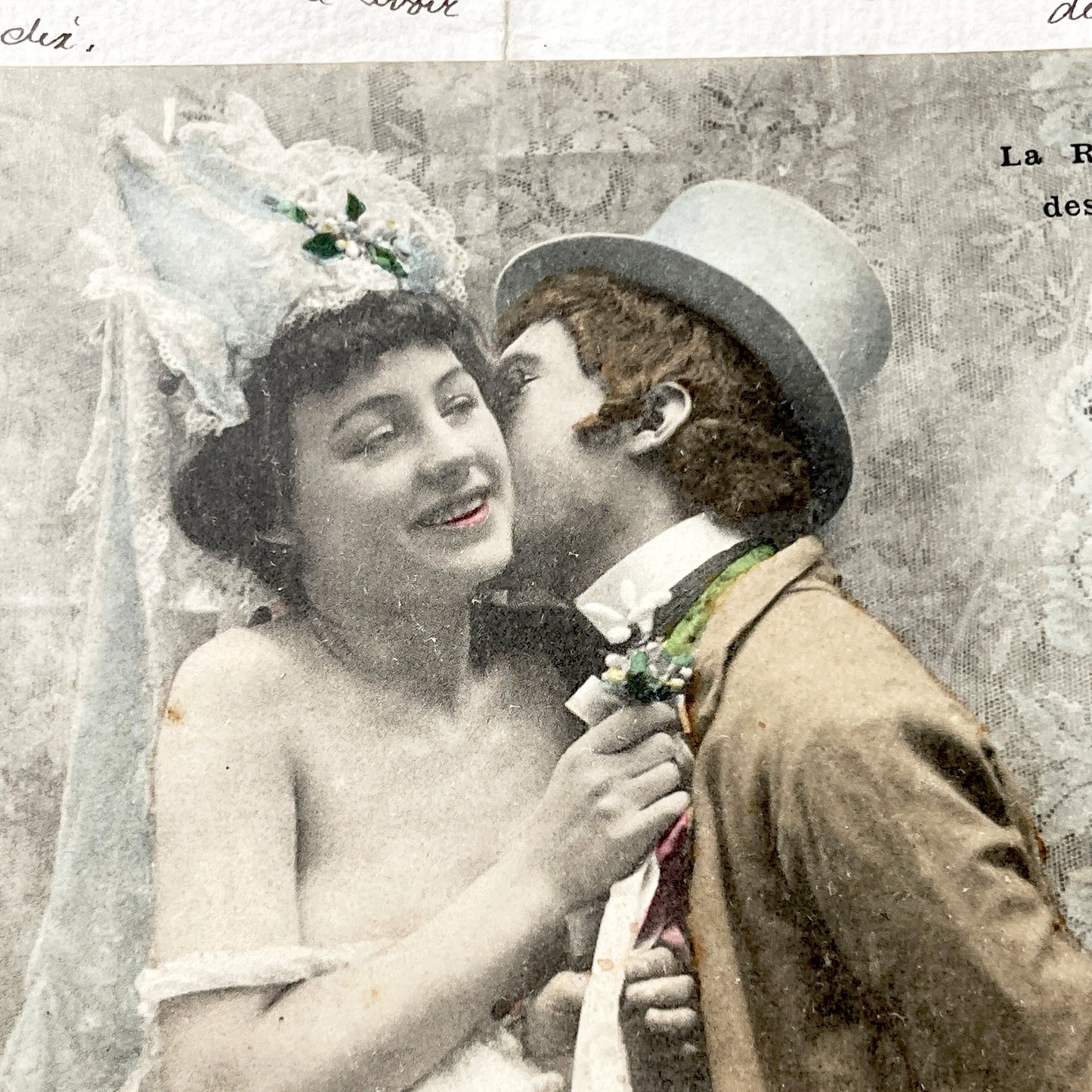 1910s - Vintage French Wedding Postcard - Romantic Hand-Tinted Kiss - Belle Epoque Bride Groom Love - Antique Ephemera Collectible Card