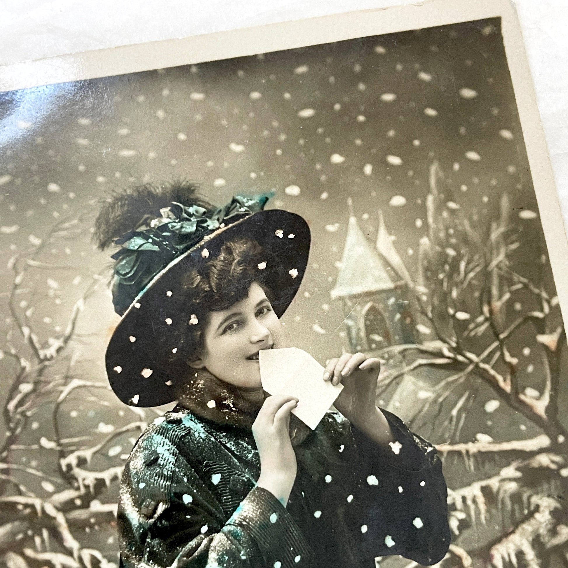 1900s - Vintage French New Year Postcard - Elegant Woman Holding Letter - Snowy Scene - Ephemera Collectible - Art Nouveau Aesthetics